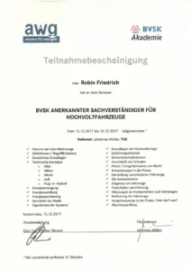 Teilnahmebescheinigung der BVSK-Akademie: Robin Friedrich als anerkannter Sachverständiger für Hochvoltfahrzeuge (2017)