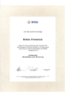 BVSK-Zertifikat für Robin Friedrich als anerkannter Sachverständiger im Fachbereich Kfz-Schäden und -Bewertung (2022)