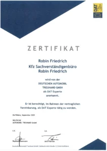 DAT-Zertifikat: Kfz-Sachverständigenbüro Robin Friedrich als DAT Experte anerkannt (2025)