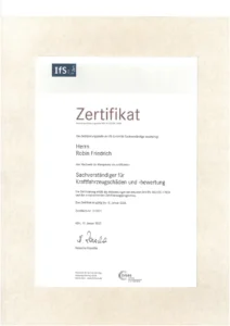 IfS-Zertifikat für Robin Friedrich als Sachverständiger für Kraftfahrzeugschäden und -bewertung nach DIN EN ISO/IEC 17024 (2023)