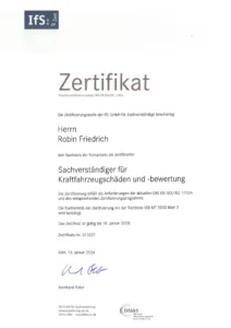IfS-Zertifikat für Robin Friedrich als zertifizierter Sachverständiger für Kraftfahrzeugschäden und -bewertung nach DIN EN ISO/IEC 17024 (2026)