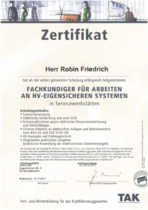TAK-Zertifikat: Robin Friedrich als Fachkundiger für Arbeiten an HV-eigensicheren Systemen (2017)